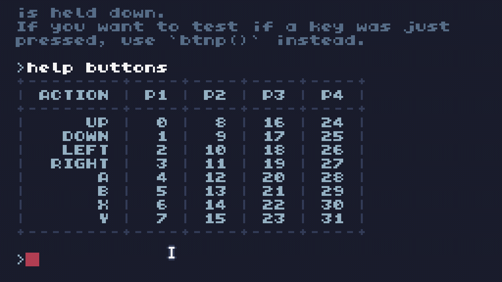 TIC-80 console showing the output of the 'help buttons' command, giving a table of which numbers map to which actions
